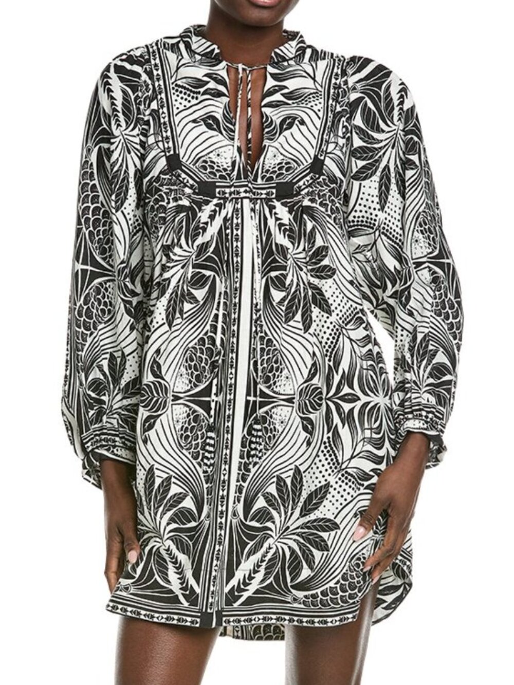 FARM Rio 'Monochrome Elegance' Linen-Blend Mini-Dress, Black/Off-White